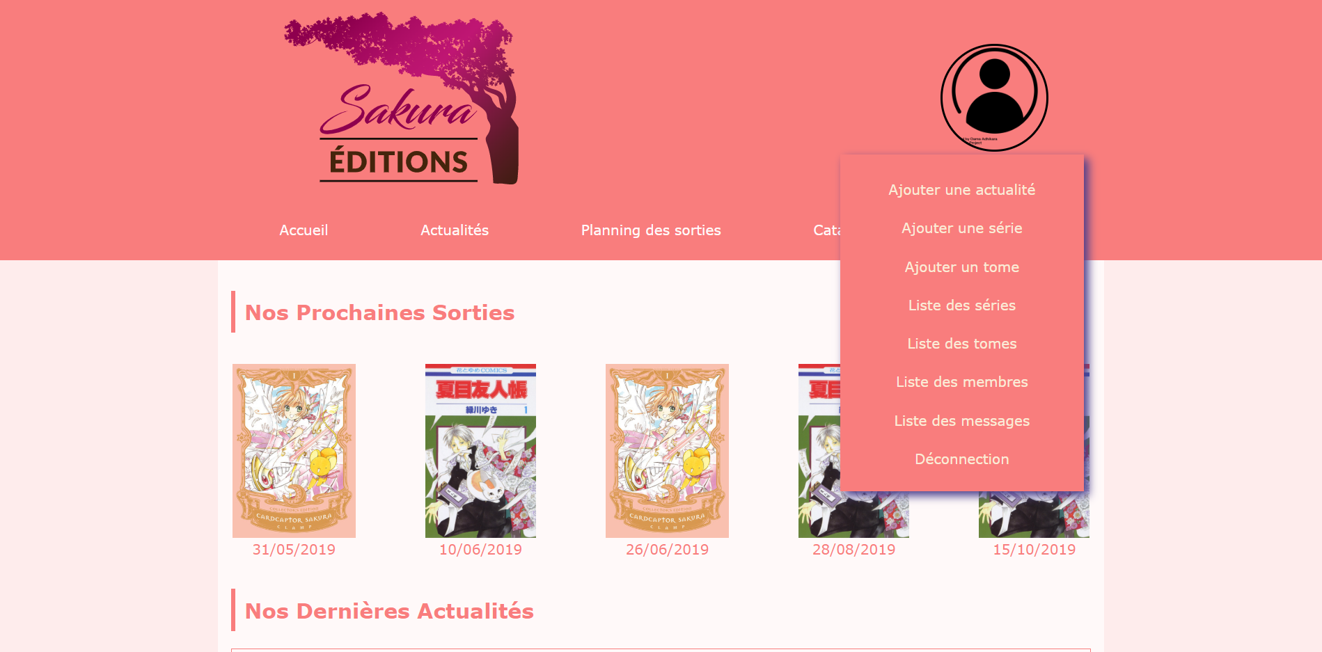 Capture d'écran de mon site Sakura Edition, un éditeur de manga fictif